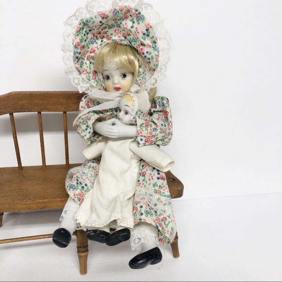 Vintage 8” Porcelain Doll Holding Baby